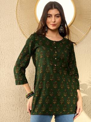 women green cotton blend ethnic motifs printed regular tunic 1
