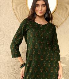 women green cotton blend ethnic motifs printed regular tunic