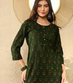women green cotton blend ethnic motifs printed regular tunic