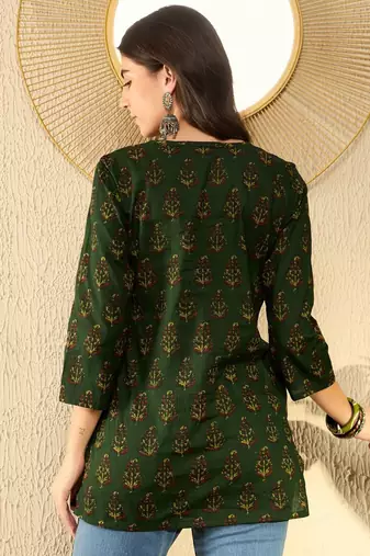 women green cotton blend ethnic motifs printed regular tunic
