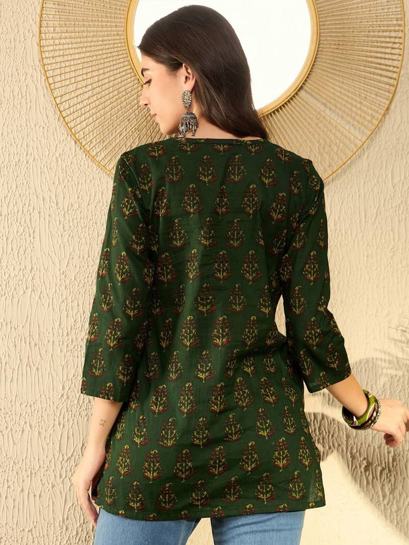 women green cotton blend ethnic motifs printed regular tunic