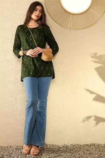 women green cotton blend ethnic motifs printed regular tunic
