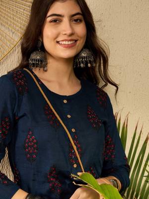 women navy blue cotton blend ethnic motifs printed regular tunic 2