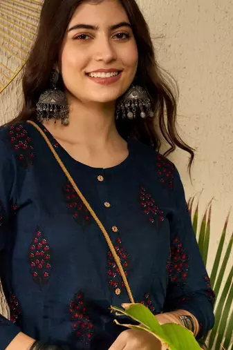 women navy blue cotton blend ethnic motifs printed regular tunic