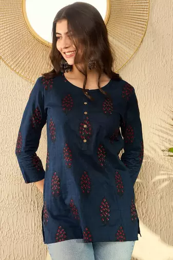 women navy blue cotton blend ethnic motifs printed regular tunic