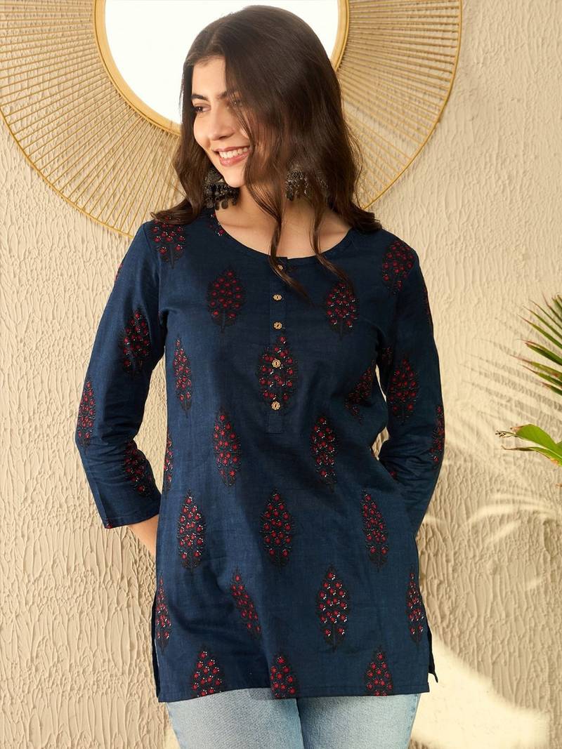 women navy blue cotton blend ethnic motifs printed regular tunic