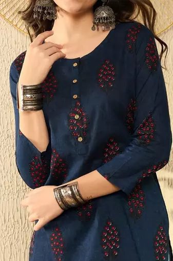 women navy blue cotton blend ethnic motifs printed regular tunic