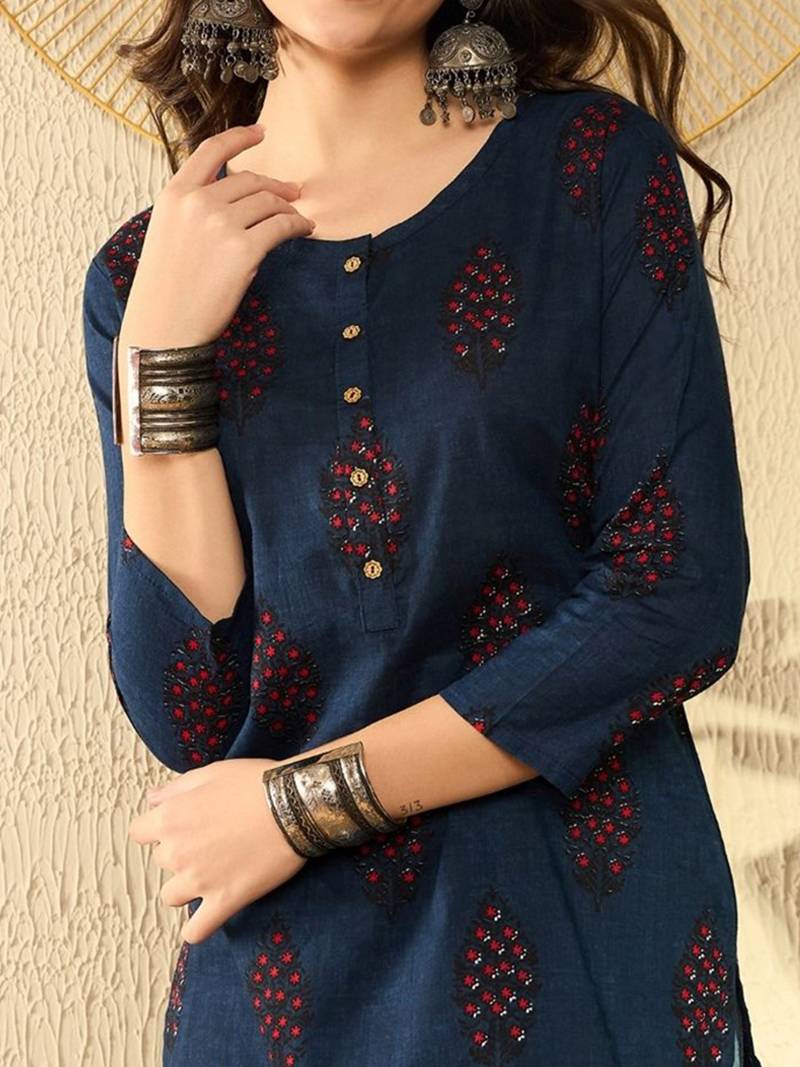 women navy blue cotton blend ethnic motifs printed regular tunic