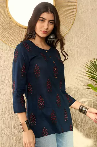 women navy blue cotton blend ethnic motifs printed regular tunic