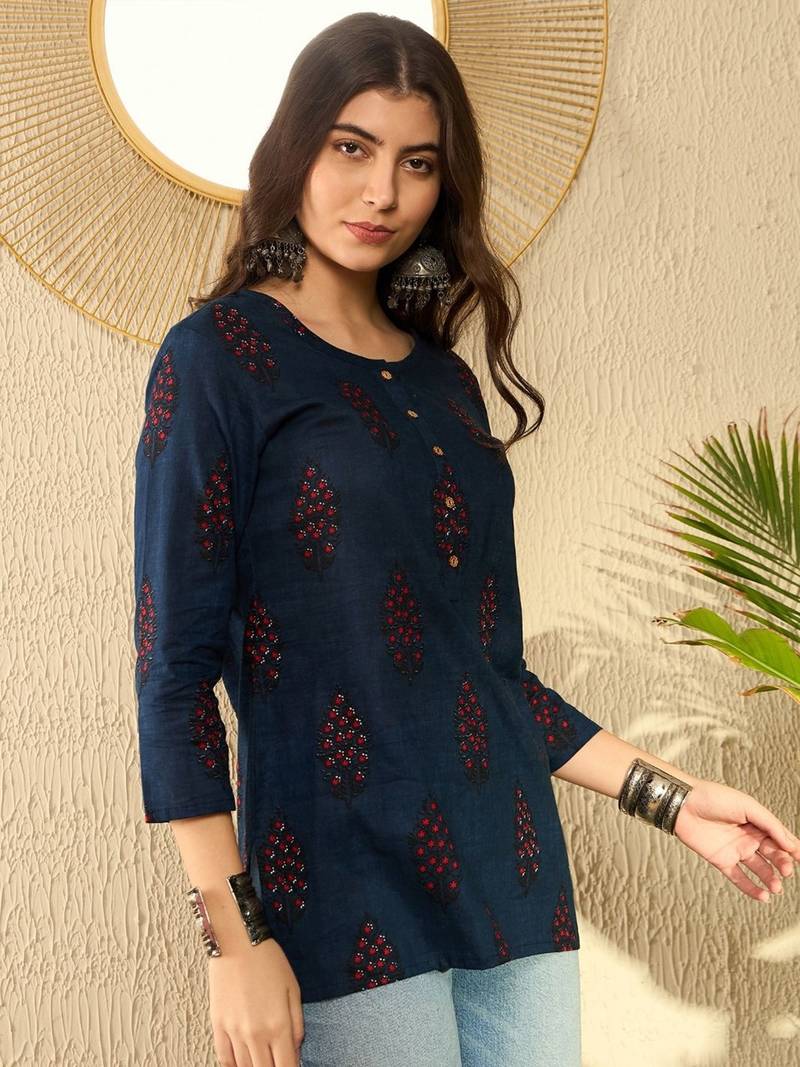 women navy blue cotton blend ethnic motifs printed regular tunic
