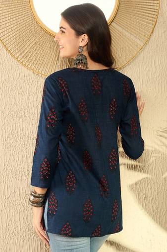 women navy blue cotton blend ethnic motifs printed regular tunic