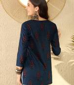 women navy blue cotton blend ethnic motifs printed regular tunic