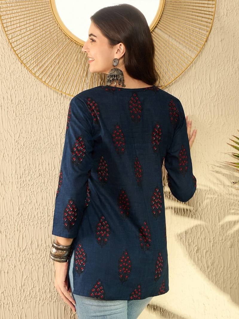 women navy blue cotton blend ethnic motifs printed regular tunic
