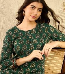 women green cotton blend ethnic motifs printed regular tunic