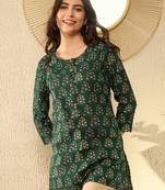 women green cotton blend ethnic motifs printed regular tunic