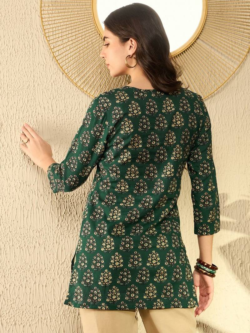 women green cotton blend ethnic motifs printed regular tunic