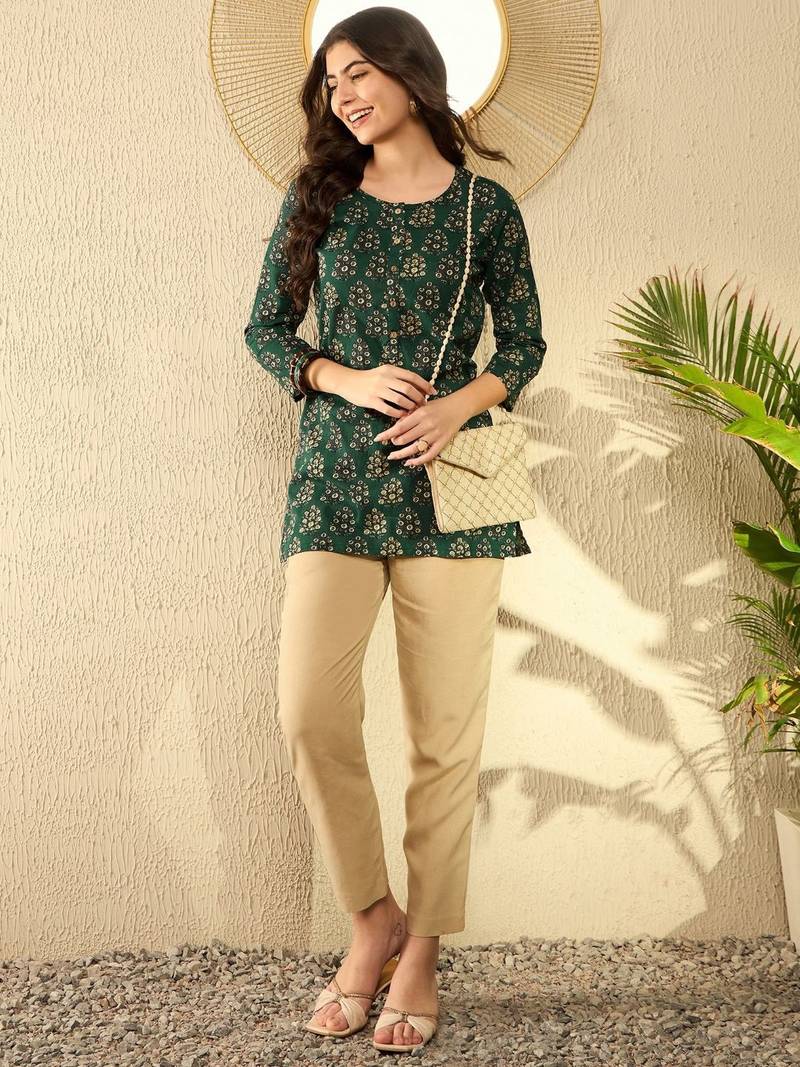 women green cotton blend ethnic motifs printed regular tunic