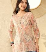 women red cotton blend abstract printed regular tunic