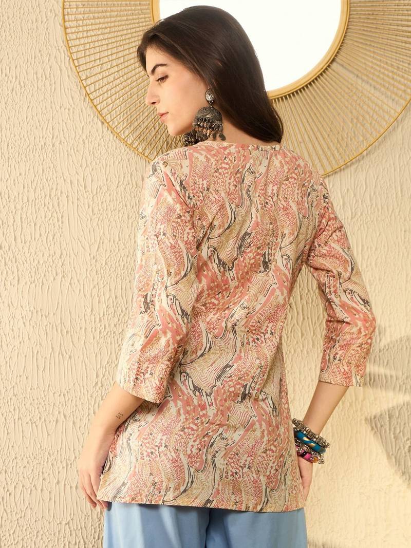 women red cotton blend abstract printed regular tunic