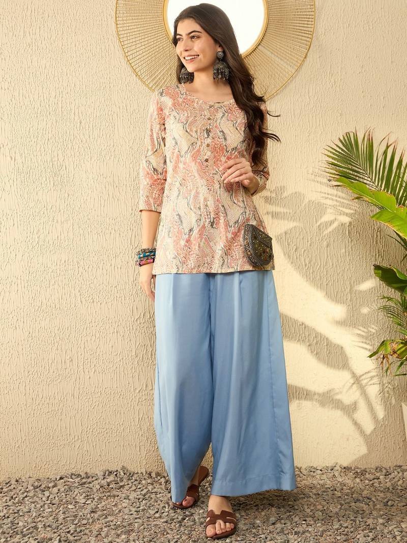 women red cotton blend abstract printed regular tunic