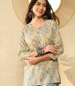 women blue cotton blend abstract printed regular tunic