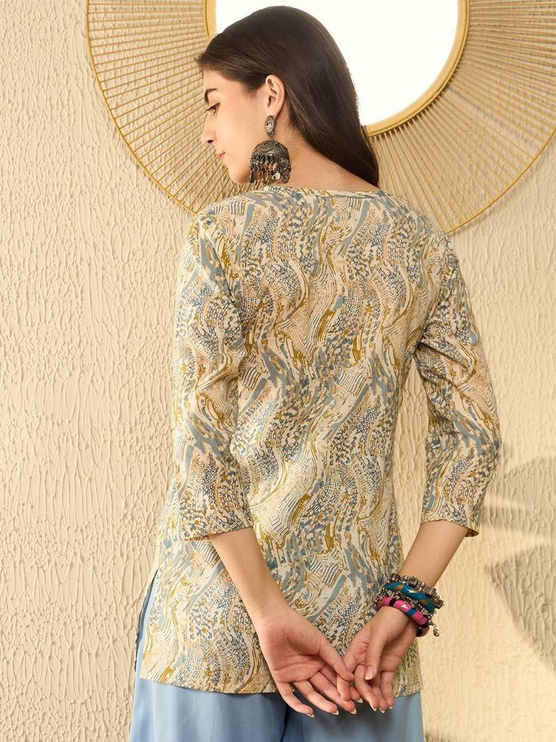 women blue cotton blend abstract printed regular tunic