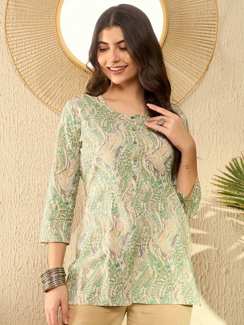 women green cotton blend abstract printed regular tunic