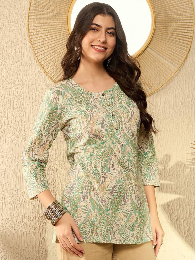 women green cotton blend abstract printed regular tunic