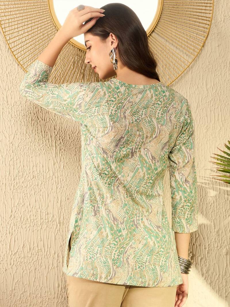 women green cotton blend abstract printed regular tunic
