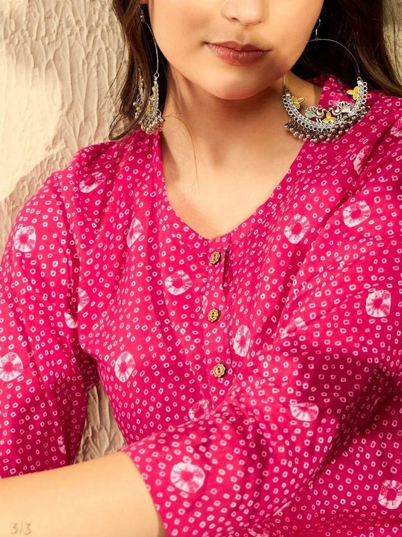 women pink cotton blend bandhani printed regular tunic