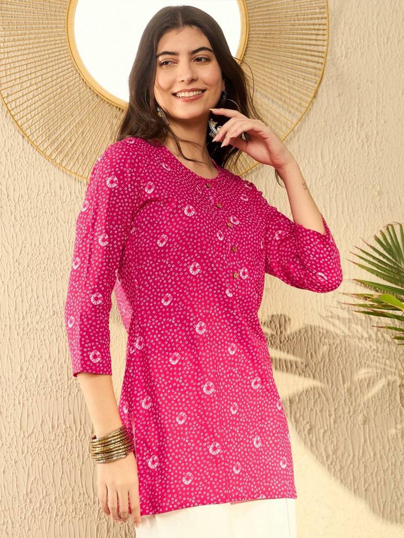 women pink cotton blend bandhani printed regular tunic