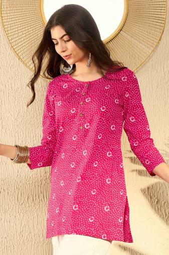 women pink cotton blend bandhani printed regular tunic