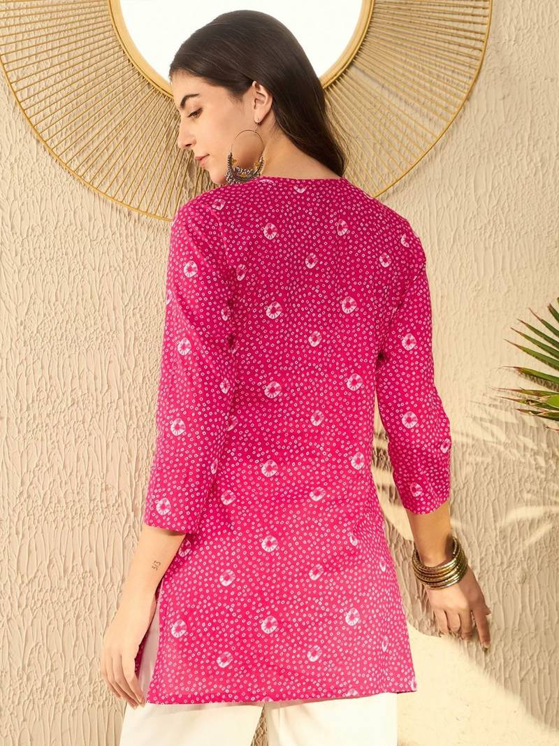 women pink cotton blend bandhani printed regular tunic