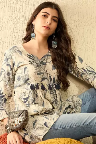 women off white cotton blend floral printed peplum tunic