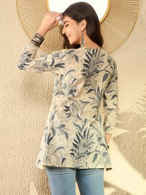 women off white cotton blend floral printed peplum tunic 5