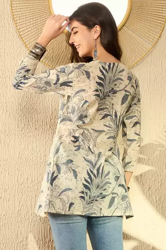 women off white cotton blend floral printed peplum tunic