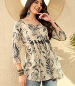 women off white cotton blend floral printed peplum tunic