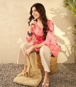 women pink cotton blend floral printed peplum tunic