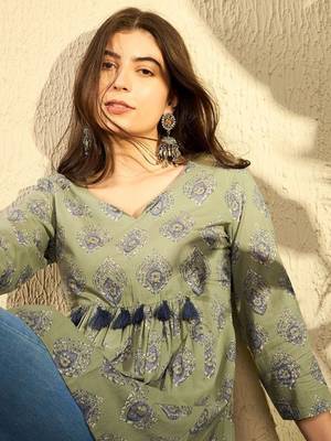 green cotton blend ethnic motifs printed peplum tunic 2