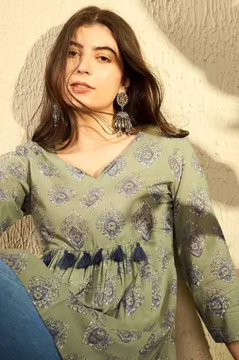 green cotton blend ethnic motifs printed peplum tunic