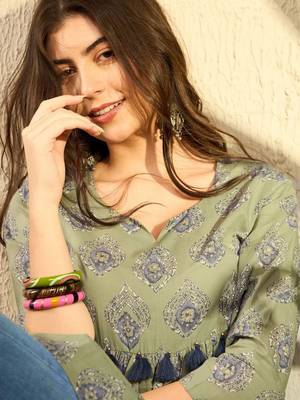 green cotton blend ethnic motifs printed peplum tunic 1
