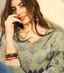 green cotton blend ethnic motifs printed peplum tunic