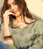 green cotton blend ethnic motifs printed peplum tunic