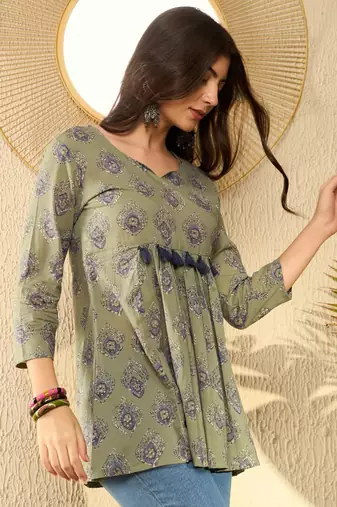 green cotton blend ethnic motifs printed peplum tunic