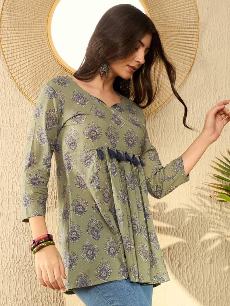 green cotton blend ethnic motifs printed peplum tunic