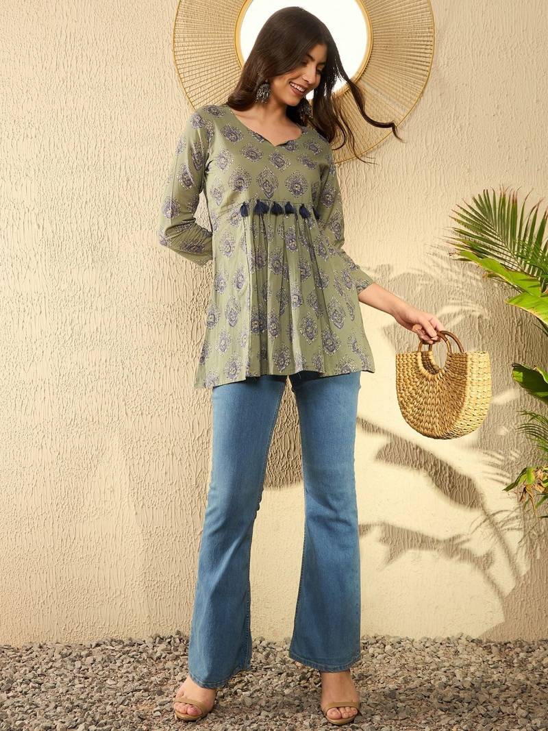 green cotton blend ethnic motifs printed peplum tunic