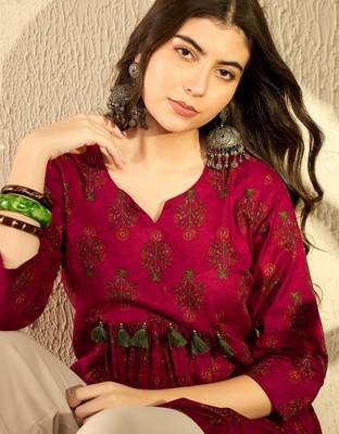 Ahika women maroon cotton blend ethnic motifs printed peplum tunic 2