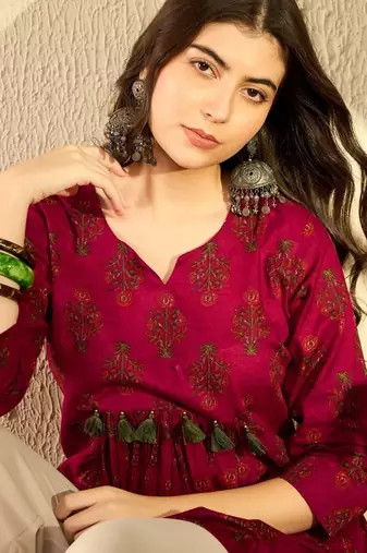 Ahika women maroon cotton blend ethnic motifs printed peplum tunic