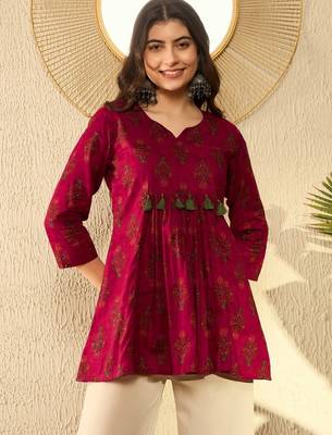 Ahika women maroon cotton blend ethnic motifs printed peplum tunic 1