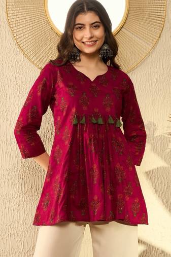 Ahika women maroon cotton blend ethnic motifs printed peplum tunic